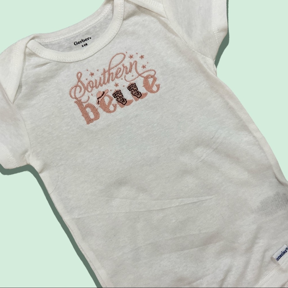 Southern Belle County Girl baby bodysuit with cowgirl boots and hat design
